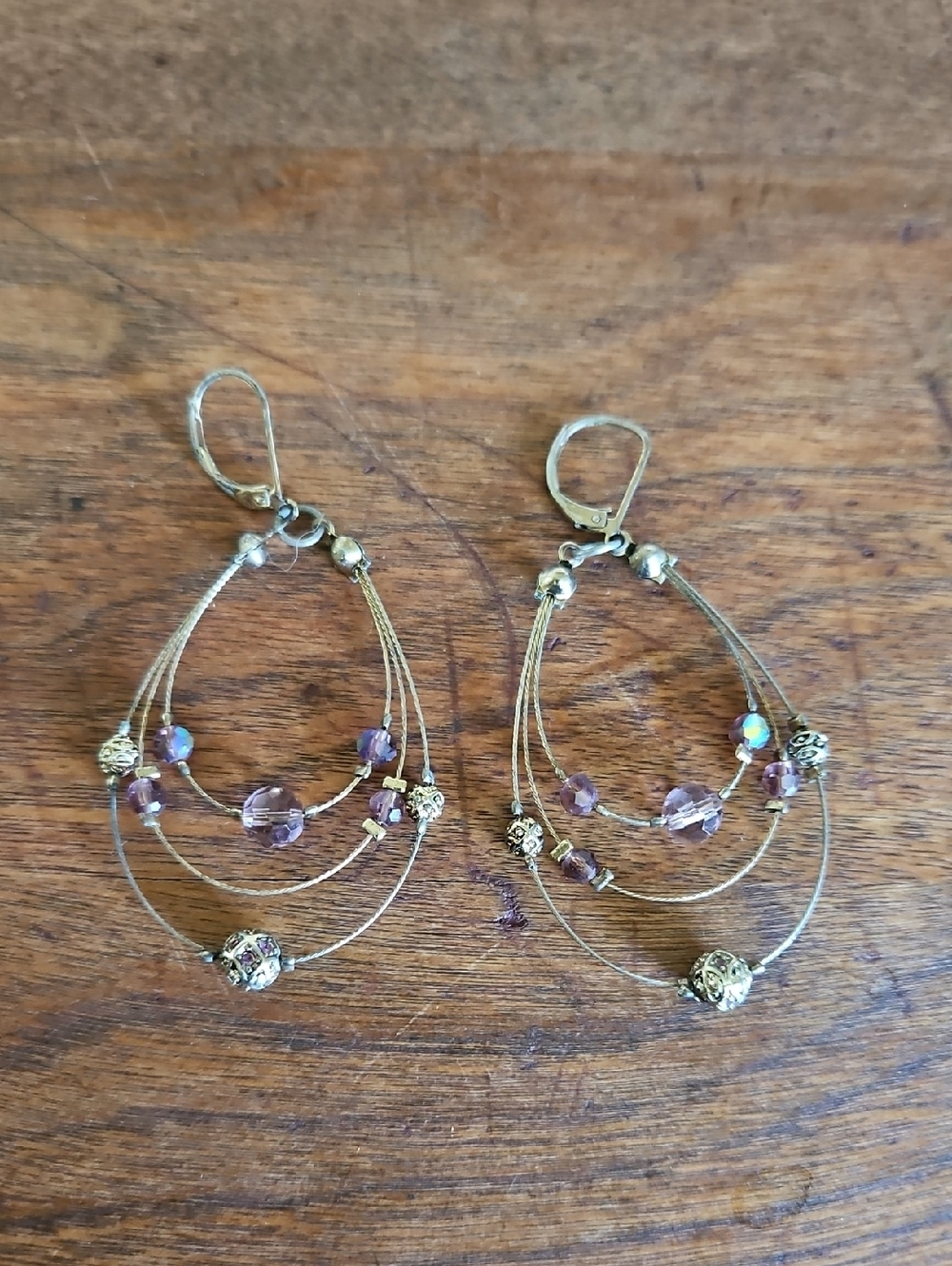 Silver-Tone Purple Beaded Multi-Strand Hoop Earrings